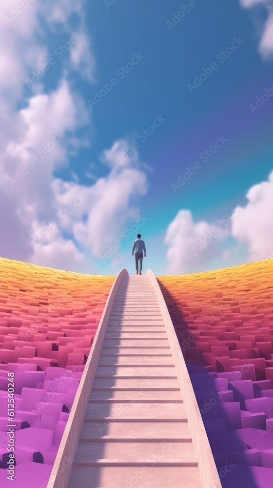 Poster a man is walking up a set of stairs. generative ai image.
