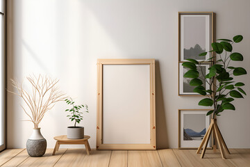 empty mockup in wooden frame stands on wooden floor against the wall and indoor plants placed around. Generative AI