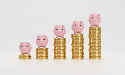 Pink piggy banks on Stack of gold coins. Saving money and Financial planning concept.