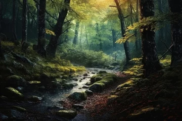 Magical beautiful forest with penetrating sunbeams. Nature and landscape beauty concept. Generative Ai, Ai.