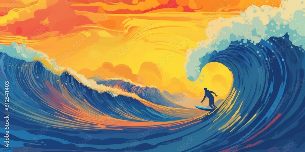 Poster a man riding a wave on top of a surfboard. generative ai image.