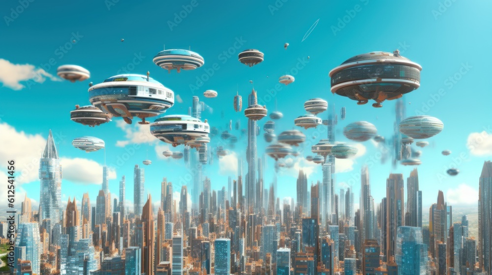 Poster a futuristic city with a lot of flying objects. generative ai image.