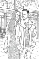 Fototapeta na wymiar a beautiful long shot portrait man and woman at Hollywood street, black and white line art adult coloring page, highly detailed, white background
