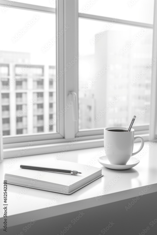Poster a cup of coffee and a book on a window sill. generative ai image.