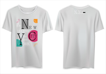 Vector of the front and back of a white t-shirt mockup with New York City text