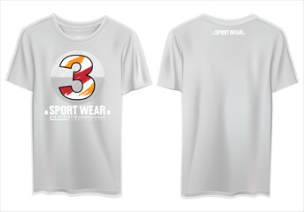 Digital render of a simple white graphic t-shirt with a sport wear print