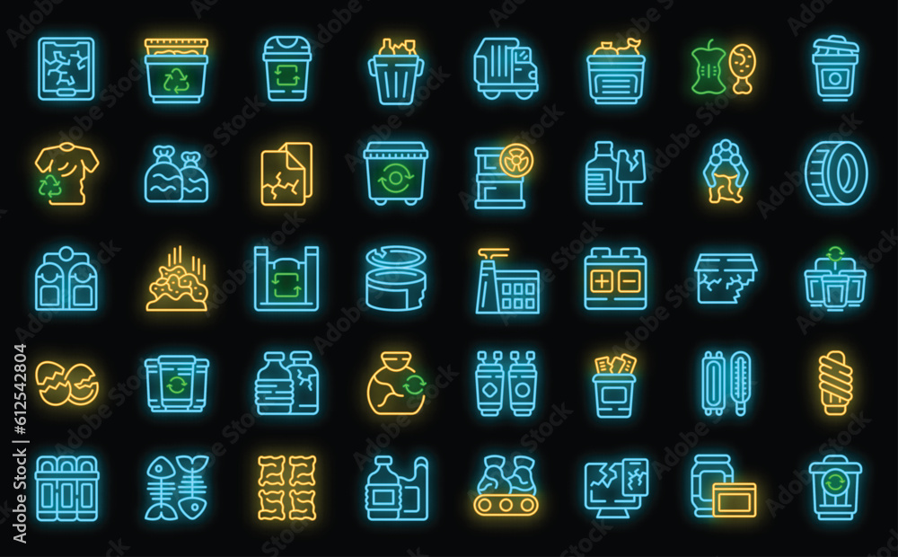 Poster waste sorting icons set outline vector. garbage sorting. sort trash neon color on black