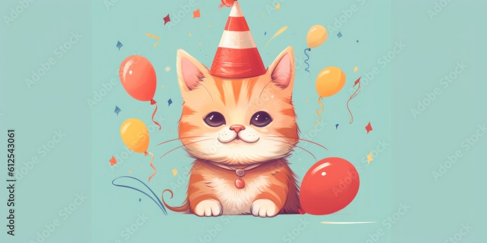Poster a cat with a party hat and balloons. generative ai image.