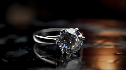 Beautiful jewelry ring with a diamond on a dark background, straight view.