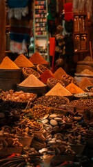 Vertical shot of different spices and items at a local market in a Moroccan city