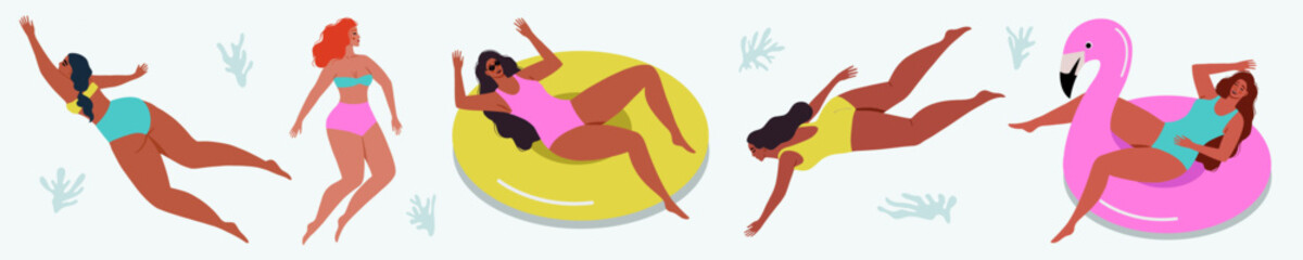 Summer cute body positive women swimming in the sea or ocean. Underwater swimming. Design for poster, banner, card etc. Vector illustration