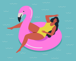 Summer cute background with floating in an inflatable flamingo circle in the sea or ocean body positive woman. Underwater swimming girl. Design for poster, banner, card etc. Vector illustration