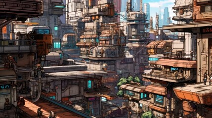 Rooftops of a sprawling cyberpunk city, showcasing characters leaping between buildings, navigating precarious structures, and evading surveillance drones