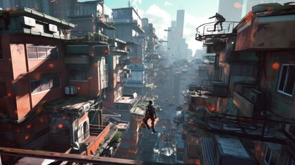 Rooftops of a sprawling cyberpunk city, showcasing characters leaping between buildings, navigating precarious structures, and evading surveillance drones