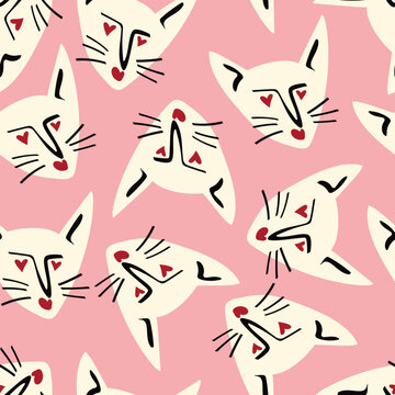 Pattern with kitty with a lovely face. Freaky comic cat face