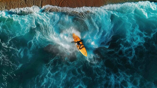 Surfer on his board floating on wave, drone view. Generative AI