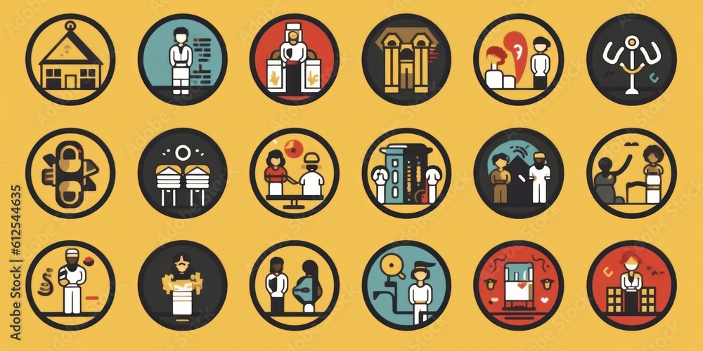 Poster a bunch of different colored icons on a yellow background. generative ai image.