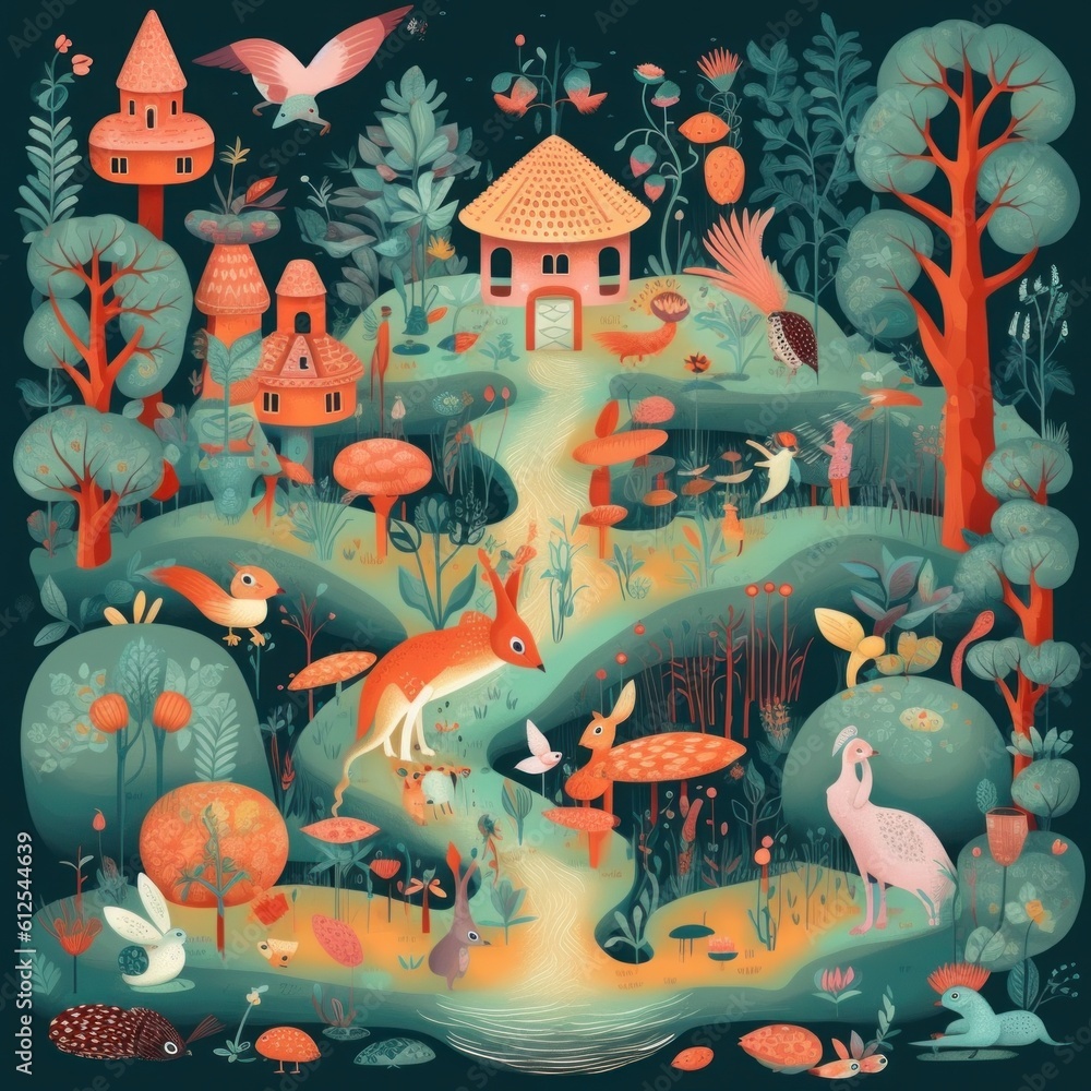 Poster a colorful illustration of a forest with animals and trees. generative ai image.
