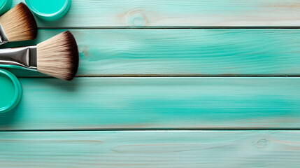 makeup brushes on turquoise wooden table. Generative Ai. 