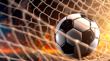 soccer ball in goal net. Generative Ai. 