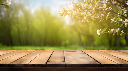 Empty wooden deck table over beautiful spring background.Free space for text or product placement