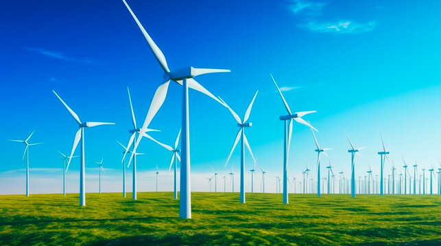 windmills in a field on a sunny day. Generative Ai. 