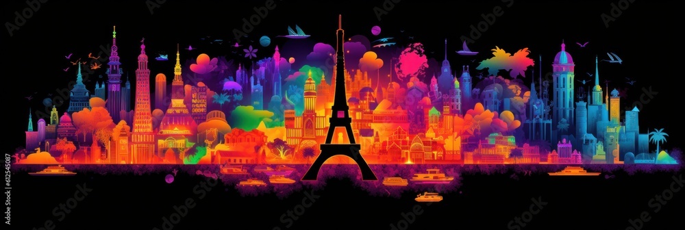 Poster a neon city with a tower in the middle of it. generative ai image.