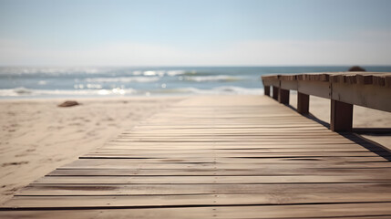Fototapeta na wymiar Empty wooden pier with view on sandy beach. Free space for text or product placement
