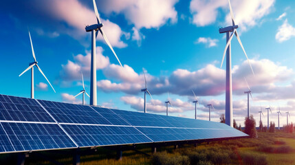 solar panels and turbine. renewable energy. Generative Ai. 