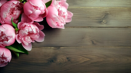 Fototapeta na wymiar pink peonies on old wooden table top view. Generative Ai. 