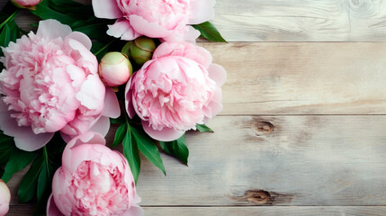 bouquet of pink peonies on a wooden table top view. Generative Ai. 