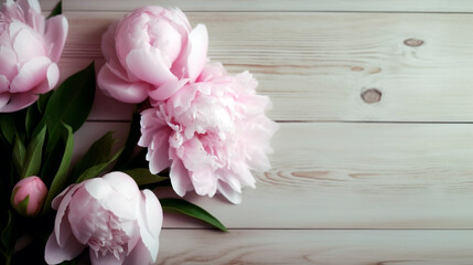 bouquet of pink peonies on a wooden background with space for text. Generative Ai. 