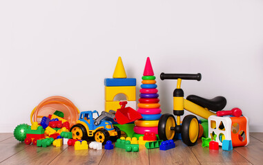 A set of children's toys for the children's room. Children's games. Copy space.