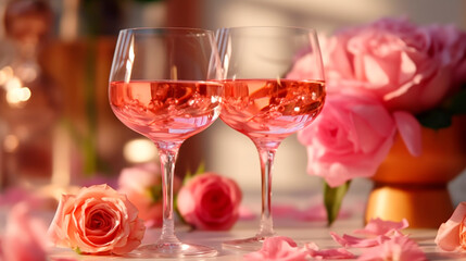 romantic still life with glasses of wine and roses on the table. Generative Ai. 