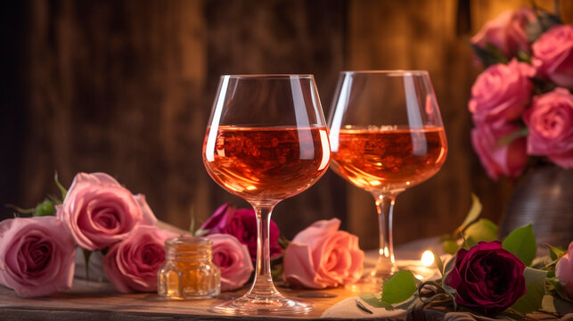 Two glasses of wine and pink roses on a wooden table. Generative Ai. 