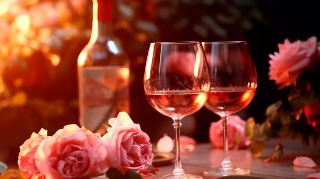 Two glasses of rose wine on the table, on a blurred background