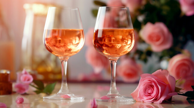 glasses of champagne and roses. Generative Ai. 