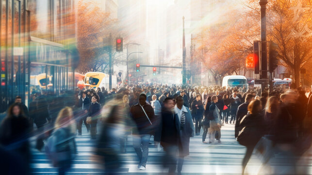 Rush hour in the business district of the city with a crowd of people. Generative Ai. 
