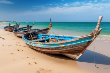 Fototapeta na wymiar small colorful fishing boats on tropical beach. travel and vacation. generative ai