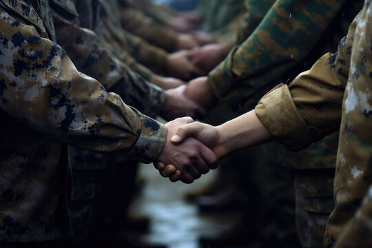 soldiers shaking hands. war peace and end. ceasefire and reconciliation. generative ai