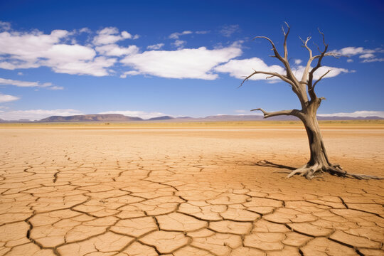 cracked arid land with dry lonely tree. drought and global warming © mimadeo