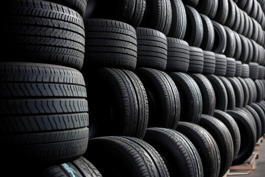 warehouse or garage with car rubber tires. generative ai