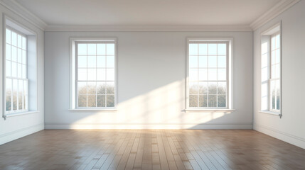 Fototapeta na wymiar empty bright room with windows illuminated by the morning rays of the sun. Generative Ai. 