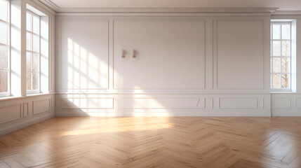 a large bright room illuminated by sunlight falling from the windows. Generative Ai. 