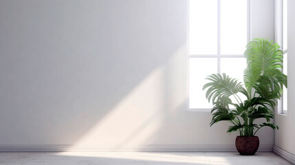 white room with a tropical plant near the window from which the sun's rays fall. Generative Ai. 