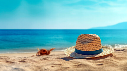 Fototapeta na wymiar straw hat on the beach against clear blue sky. Generative Ai. 