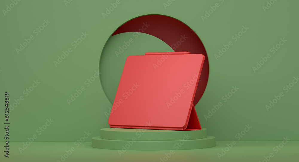 Poster abstract scene or podium with computer tablet with keyboard on monochrome