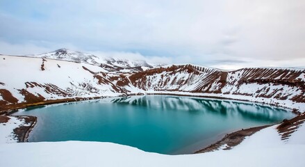 View of the Krafla volcano crater covered with snow, Myvatn, Iceland © Nicole Caracia/Wirestock Creators