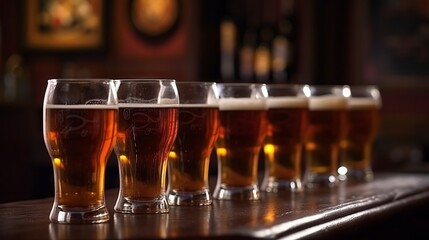 A row of different glasses of beer on a bar top in a pub. Generative AI. 