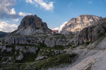 Landscape of Tre Cime di Lavaredo Hikes mountains in Dolomites, Italy with blue sky